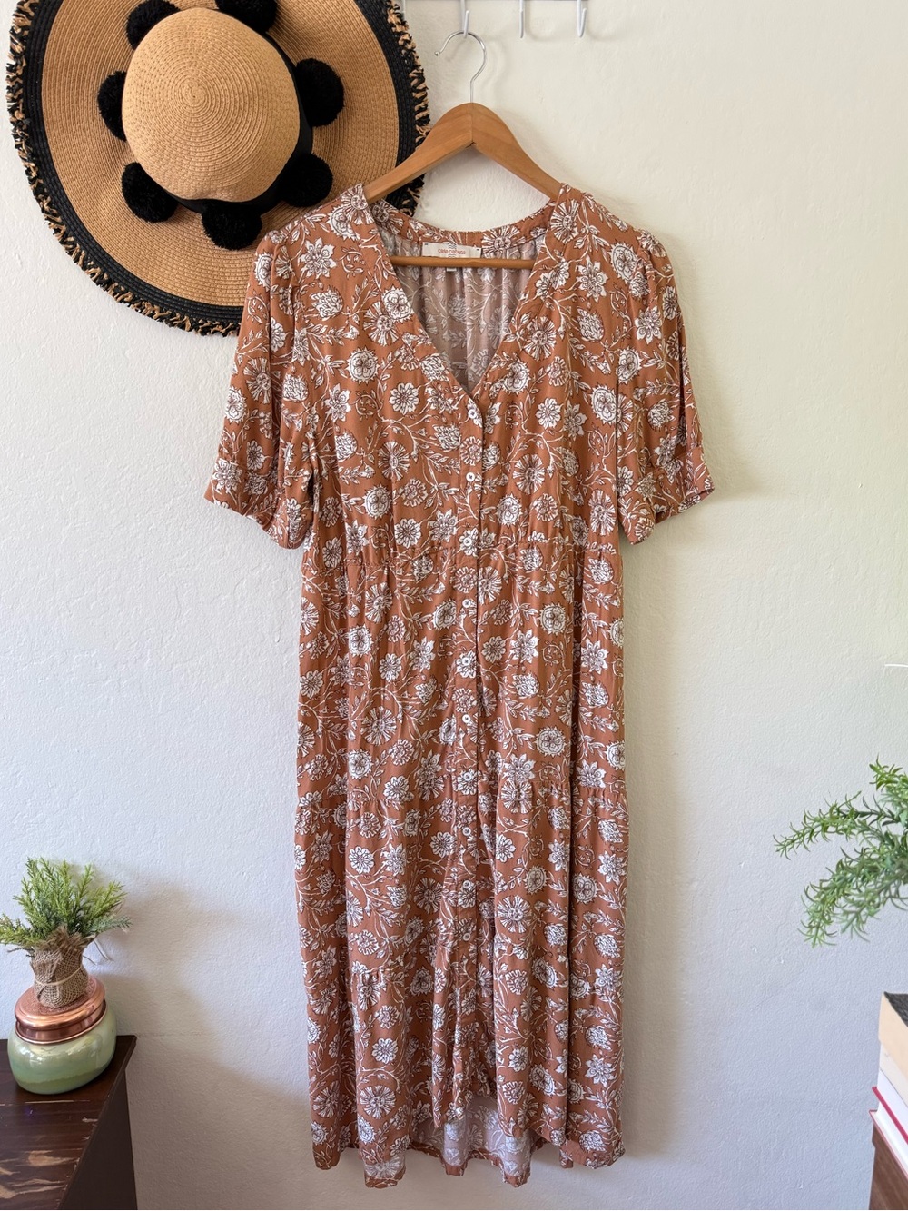 Casa Cabana Terracotta Brown Floral Short Sleeve Tiered Midi Dress Size Large